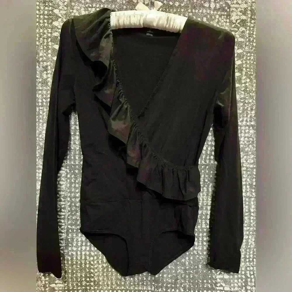 J Crew Black long sleeve body suit with ruffle V-neckline, XS